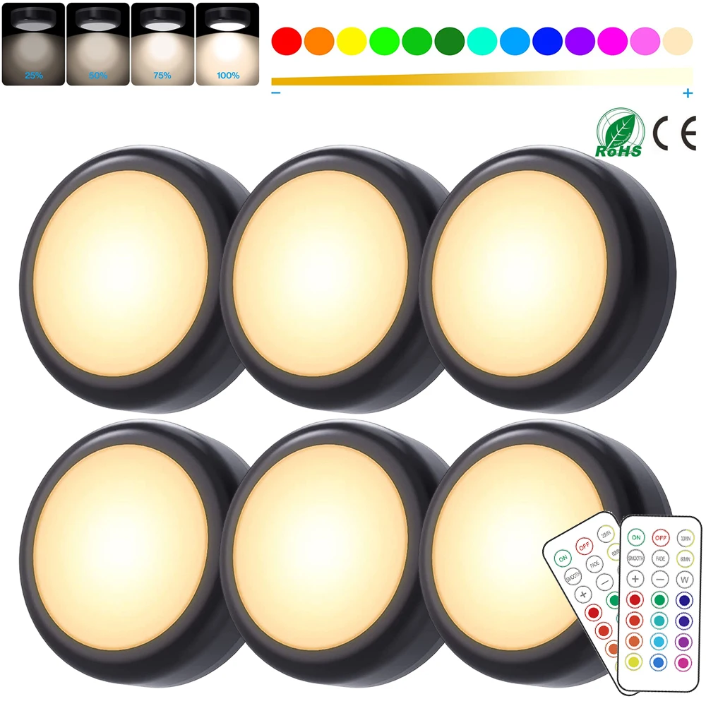 1-6 pezzi RGBW LED Puck luci notturne telecomando dimmerabile sotto l'armadio luce a batteria lampada a spinta wireless armadio da cucina