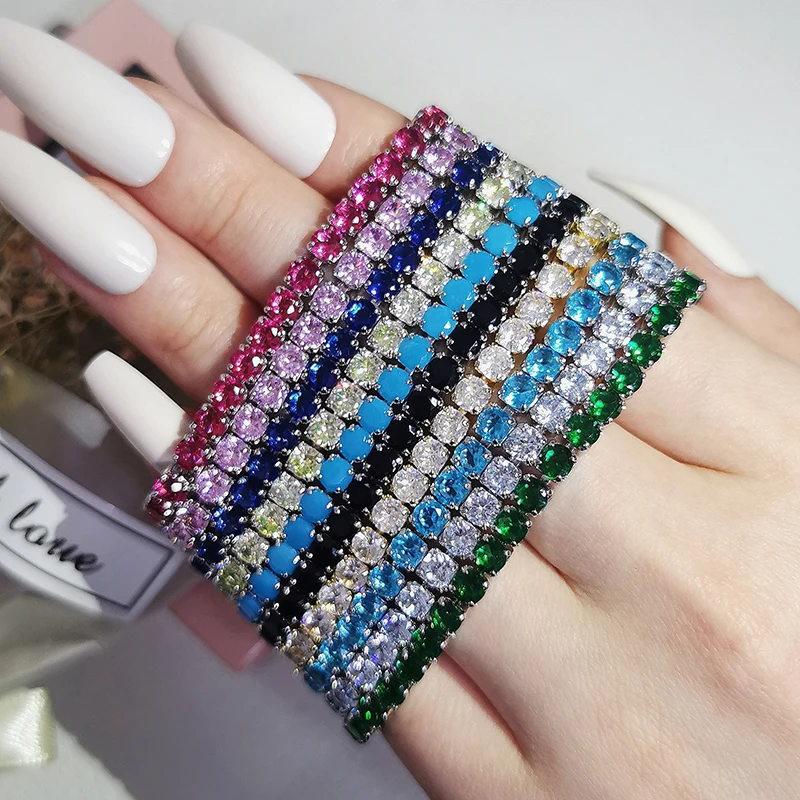 Oro rosa Argento Colore 3mm 4mm 5mm Rosa Blu Verde Rosso Bracciale da tennis Bracciale per le donne Gioielli di moda da sposa Regalo del partito S4777