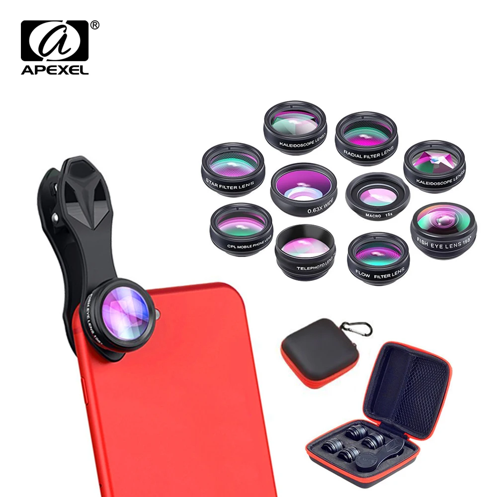 APEXEL 10 in 1 Kit obiettivo fotocamera telefono Fisheye Obiettivo macro grandangolare Obiettivo telescopio Filtro CPL Obiettivo di flusso per smartphone