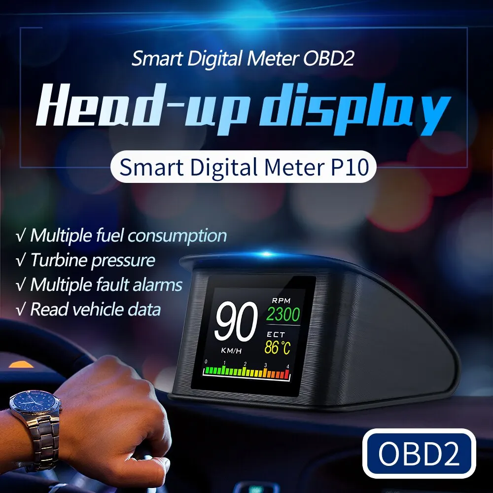 AD Universale P10 Head Up Display HUD Tachimetro OBD Smart Digital Allarme di velocità eccessiva Codice guasto motore Navigatore per auto Auto in sicurezza