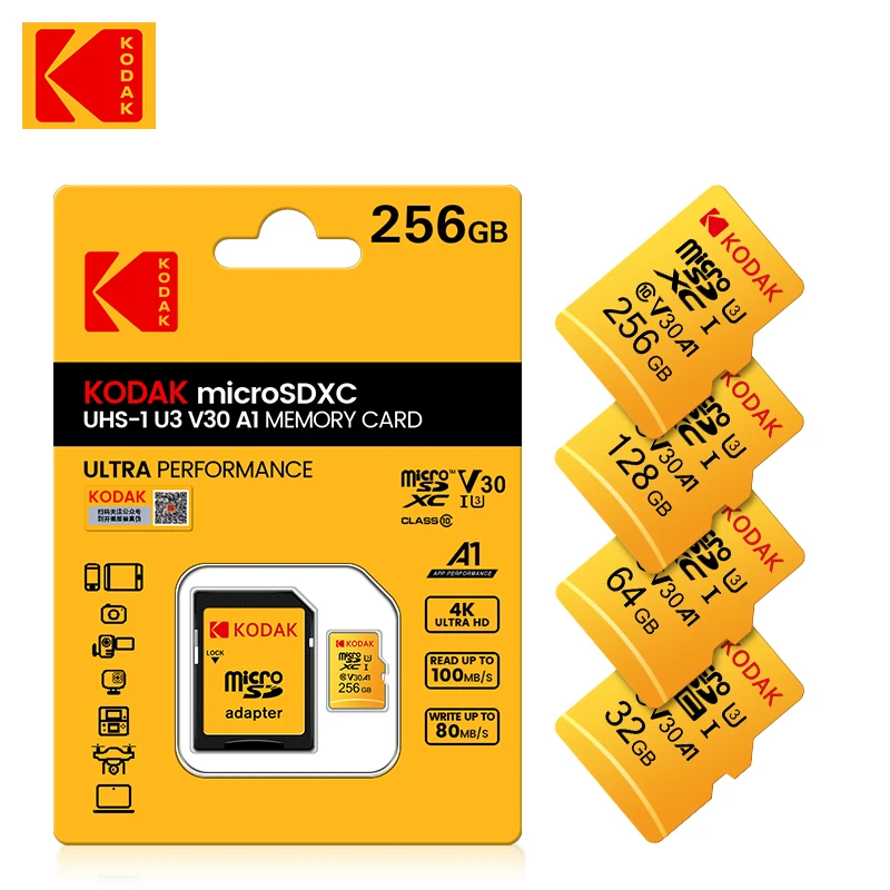 Scheda di memoria Micro SD KODAK 256 GB FINO a 95 MB/s Class10 U3 UHS-I 32 GB 64 GB 128 GB Scheda TF 4K HD per adattatore lettore di schede USB microsd