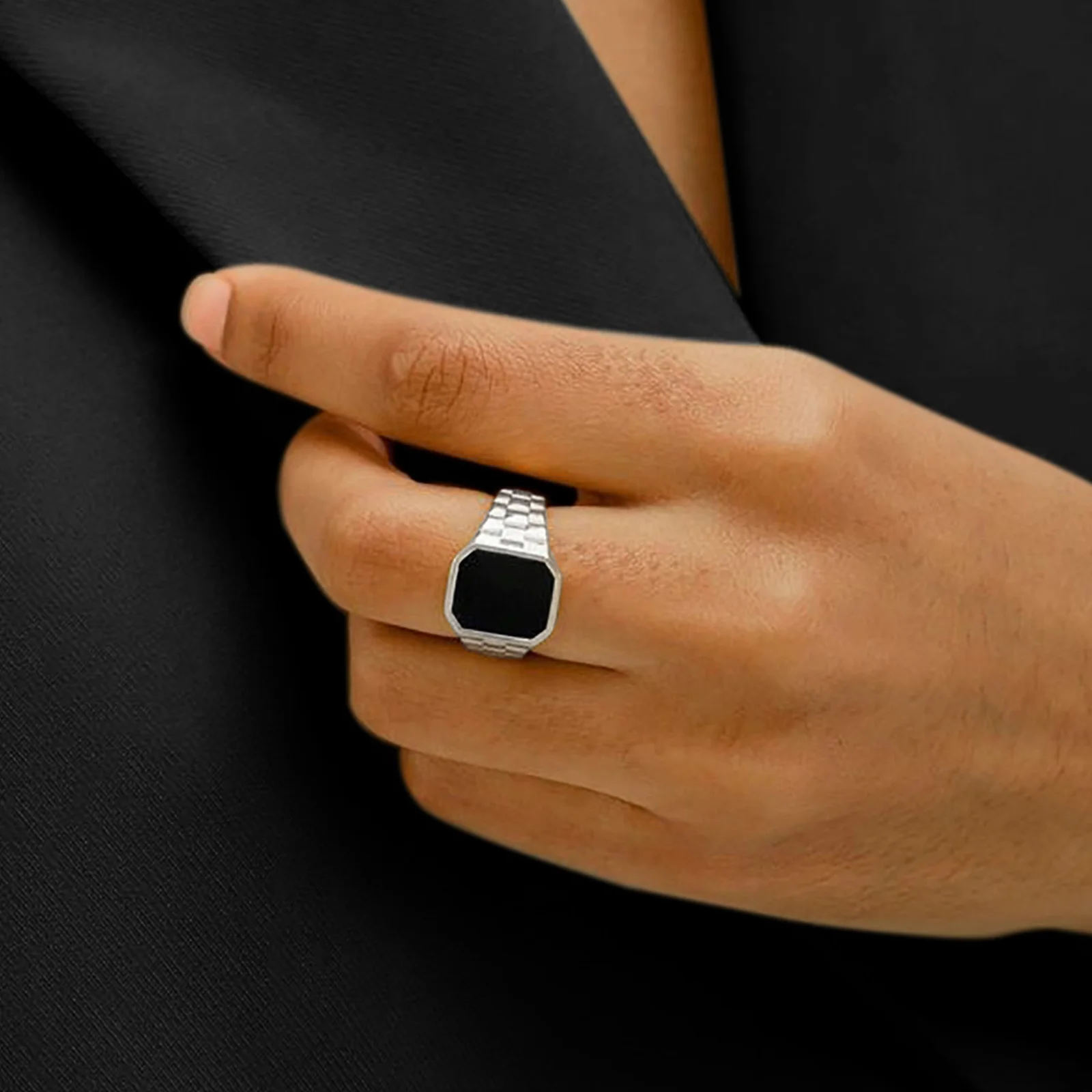 Eleganti anelli per cinturini per orologi da uomo, anello per pollice Pinky con sigillo quadrato nero in acciaio inossidabile per regalo di gioielli per papà e padre per lui