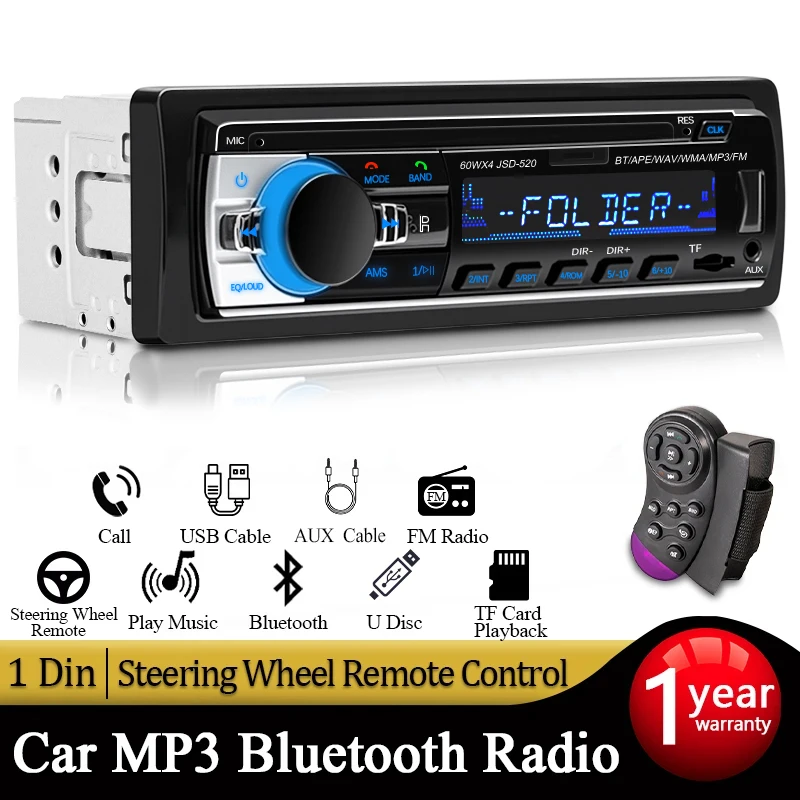 Autoradio Lettore stereo da 1 din Lettore MP3 Bluetooth digitale 60Wx4 Radio FM Audio stereo Musica USB/SD con ingresso AUX nel cruscotto