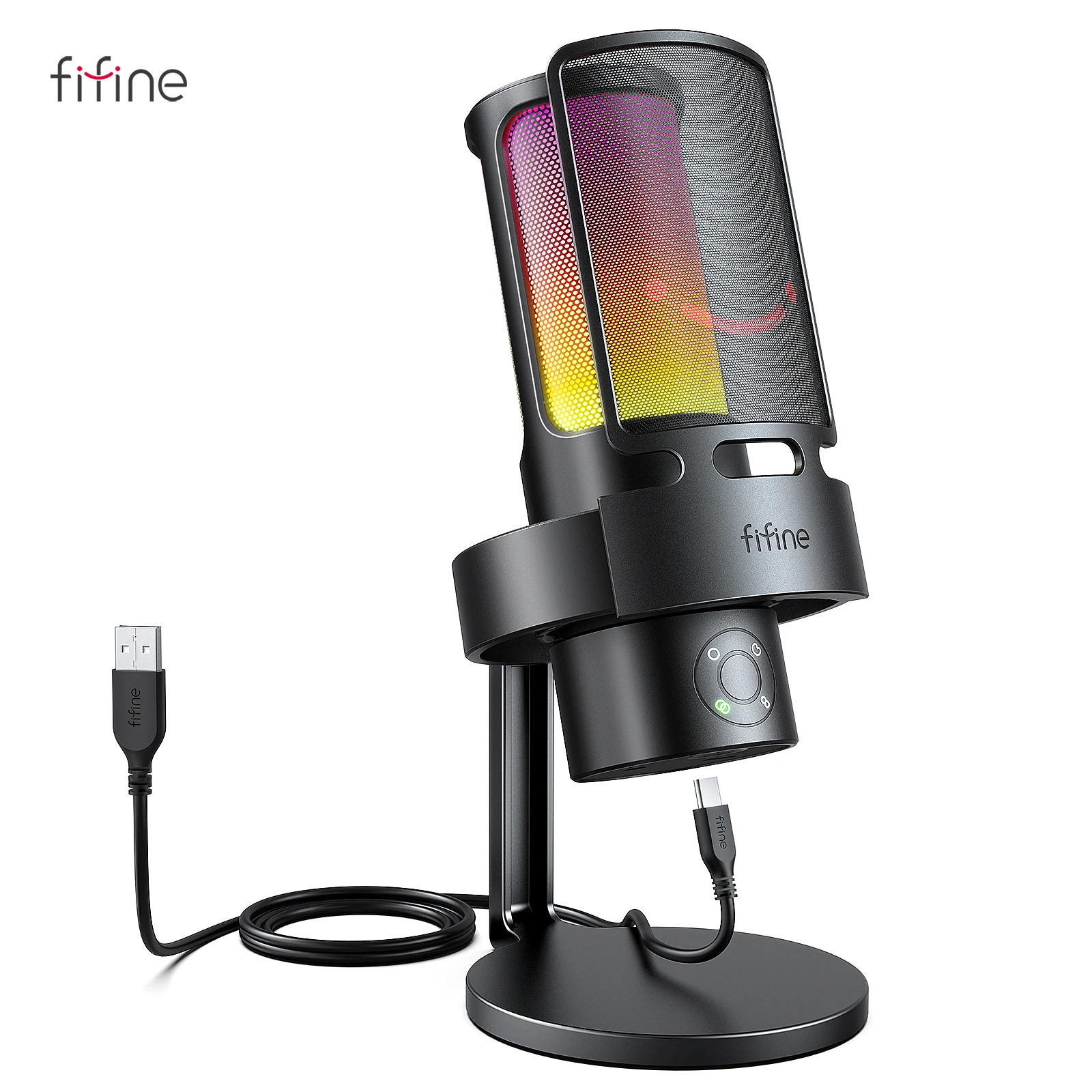 FIFINE amplificgame A8 PLUS microfono USB con RGB contrallabile, 3 capsule 4 modelli polari, quadranti di guadagno, un jack per microfono dal vivo e un tocco muto