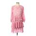 Pink Ripple Casual Dress - A-Line High Neck 3/4 sleeves: Pink Dresses - Women's Size Small