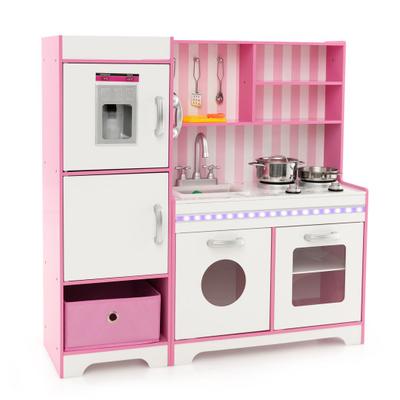 Costway Kids Kitchen Playset Wooden Toy with Adjustable LED Lights and Washing Machine-Pink