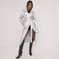 Tie Waist Buckle Detail Maxi Trench Coat In Silver Metallic Faux Leather, Women's Size UK 8