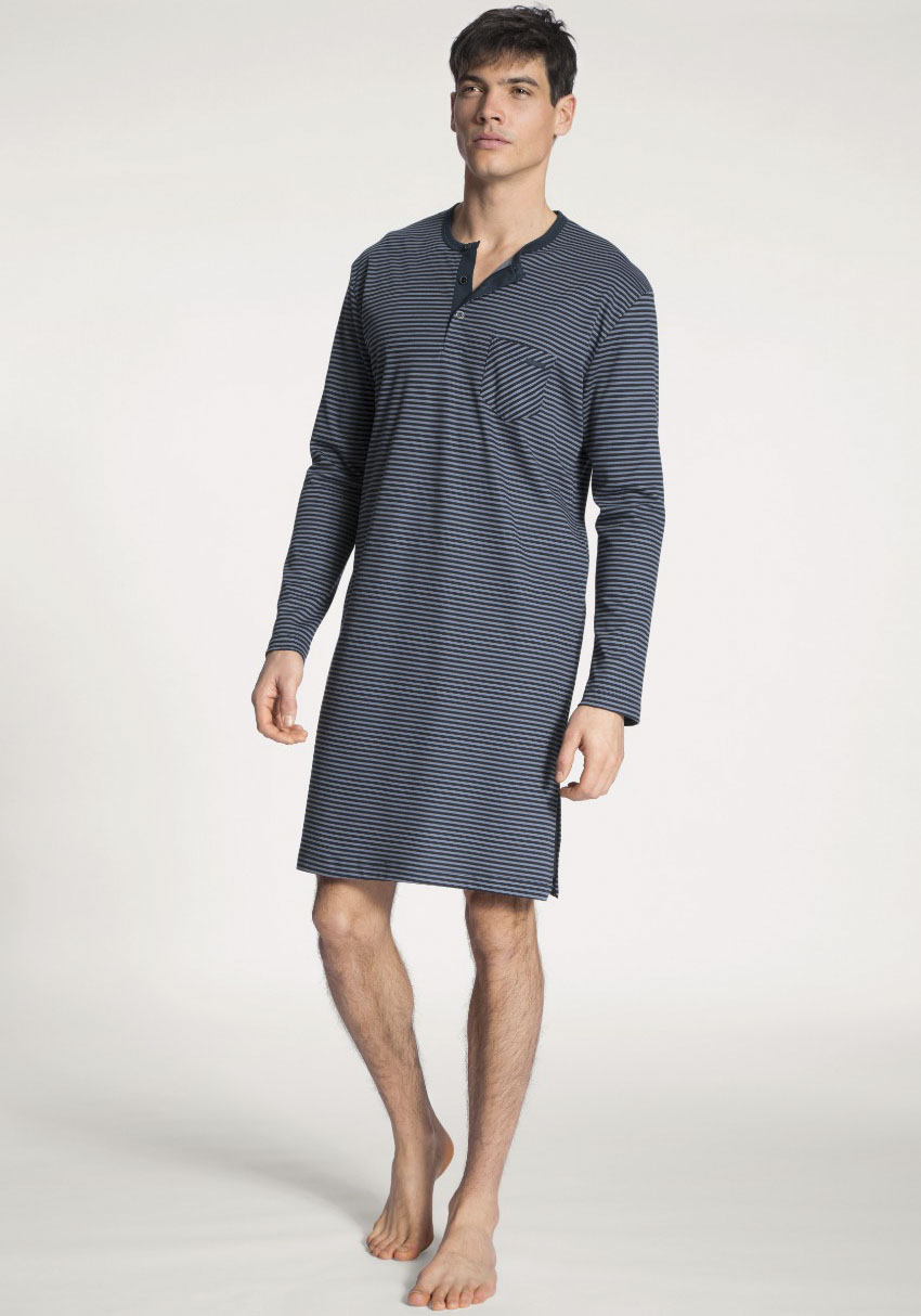 Nachthemd CALIDA "Relax Streamline", Herren, Gr. XL (56), N-Gr, blau (schwarz sapphire), Interlock, Obermaterial: 100% Baumwolle, gestreift, normal kniefrei, Rundhals, Kleider, seitliche Schlitze, Interlock-Qualität, Langarm, Knopfleiste Image