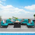 Latitude Run® 7 - Piece Outdoor Patio Aluminum Conversation Set w/ Fire Pit Table & Cushions Metal/Rust - Resistant Metal in Blue | Wayfair