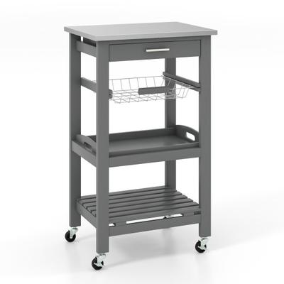 Costway Kitchen Island Cart with Stainless Steel Tabletop and Basket-Gray
