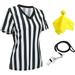 3 Pcs Women s Official Black & White Stripe Referee Shirt Zipper Collared V-Neck Referee Jersey Ref Whistle Yellow Penalty Flag for Basketball Football Soccer Refs Christmas Waitresses & Costume