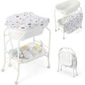 INFANS Baby Bathtub with Changing Table, Foldable Infant Diaper Changing Station with Storage Tray, Waterproof Pad, Portable Newborn Nursery Organizer Bath Stand with 4 Universal Wheels (White)