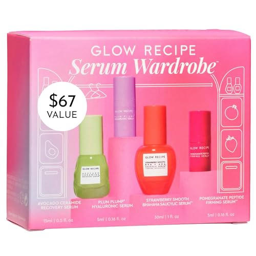 Glow Recipe Serum Skin Care Set - Avocado Ceramide Serum + Strawberry Smooth AHA BHA Serum + Plum Plump Hyaluronic Acid Serum + Pomegranate Peptide Firming Serum Set - 4 Piece Travel Skincare Gift Set