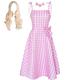 AutFie Pink Costume Dress with 3 Accessories Casual Pink Princess Dress Costume Tartan Cosplay Adult Women
