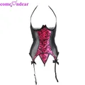 Comeondear-Vêtements de nuit en faux cuir pour femmes nuisette en dentelle lingerie sexy bustier