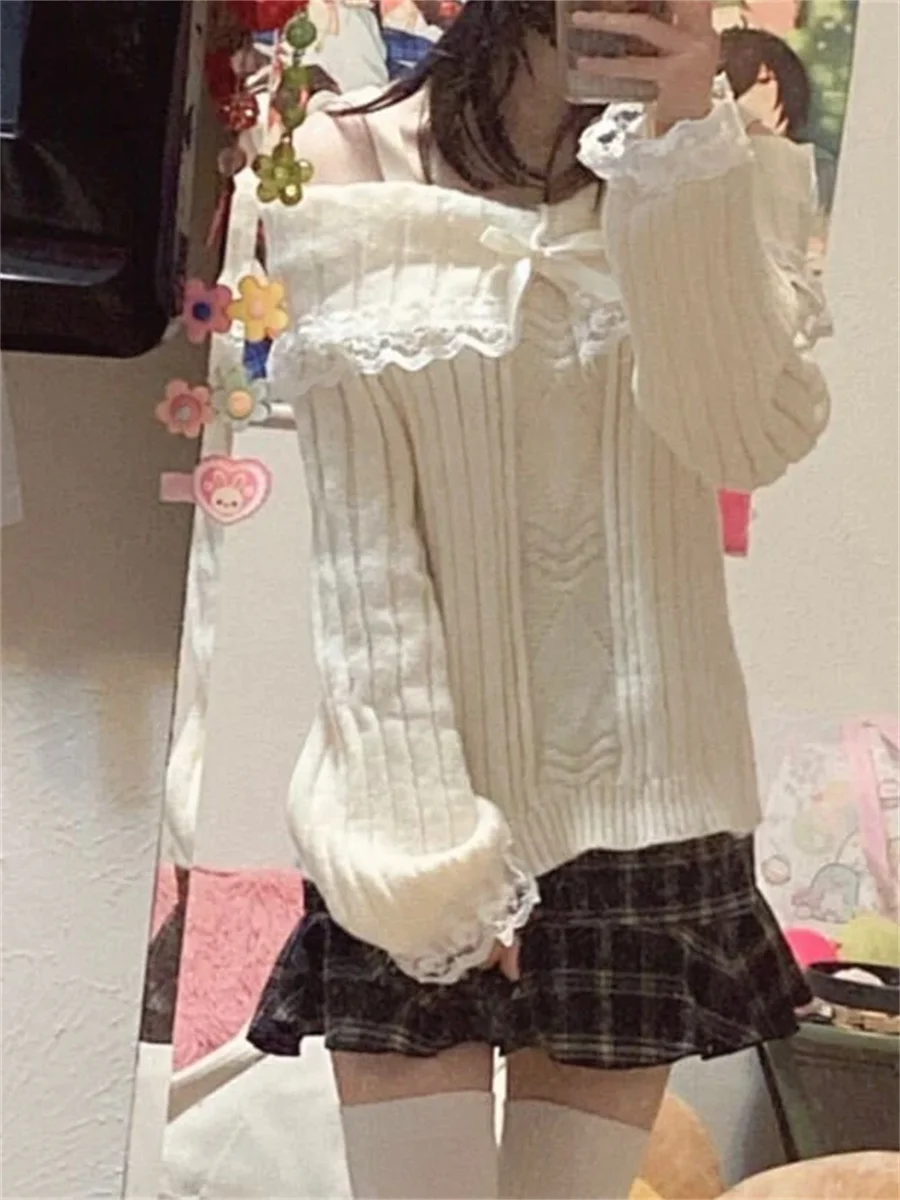 Grunge Frauen Schulterfrei Strickpullover Rosa Pullover Süße Pullover Langarm Schleife Spitze Patchwork Pullover Y2k Streetwear