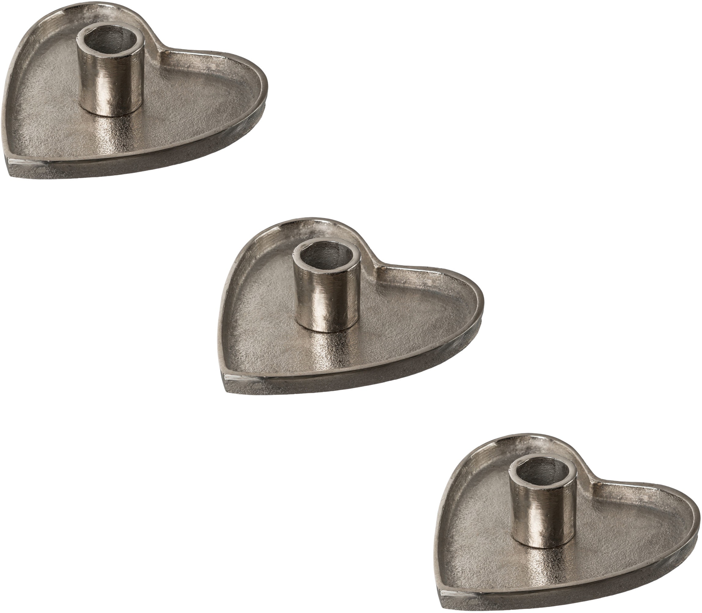 Kerzenhalter CREATIV DECO, silber (silberfarben), B:13cm H:4cm T:13cm, Aluminium, Kerzenhalter, in eleganter Herzform, 3er Set Image