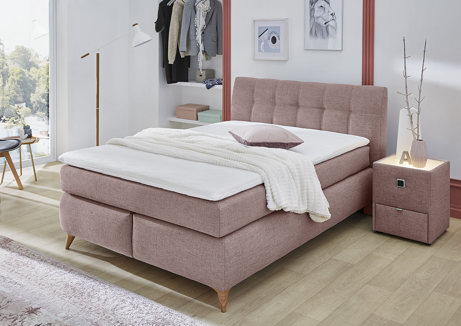 Boxspringbett JOCKENHÖFER GRUPPE "Nicola", rosa (rosé 369, 05), Strukturstoff, Liegefläche B/L: 140cm x 200cm, H2, Bonnell-Federkernmatratze, Komplettbetten, Boxspringbett, mit Topper