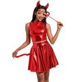 Women Metallic Rave Outfits Devil Costume Shiny Crop Top Skirt/Shorts Horn Headband Cosplay Set, Red-mock, Medium