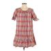 Madewell Casual Dress - DropWaist Scoop Neck Short sleeves: Red Plaid Dresses - Women's Size X-Small