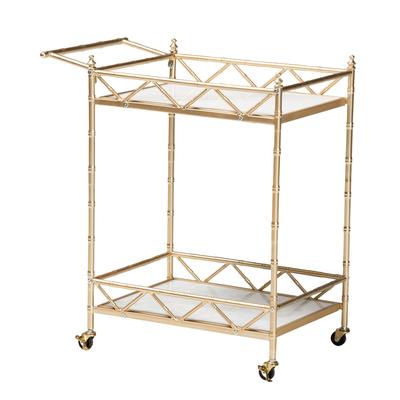 Mela Contemporary Glam And Luxe Gold Metal And White Marble 2-Tier Wine Cart by Baxton Studio in Gold White Marble