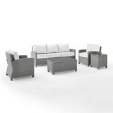 144 x 94 x 32.50 in. Bradenton Outdoor Wicker Sofa Set - Sunbrella - Sofa Coffee Table Side Table & 2 Arm Chairs White & Gray - 5 Piece