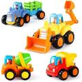 4 Pack Friction Powered Cars Construction Vehicles Toy Set Cartoon Push and Go Car Tractor Bulldozer Cement Mixer Truck Dumper