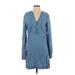 Long Tall Sally Casual Dress - Mini V Neck Long sleeves: Blue Print Dresses - Women's Size 8