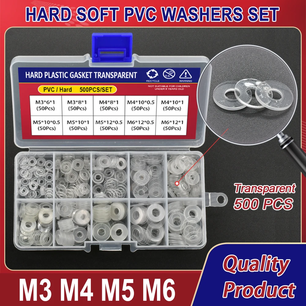 M3 M4 M5 M6 Harte, weiche, flache Unterlegscheiben, PVC-Kunststoffdichtung, transparente Isolierung, einfache Dichtungsring, Abstandshalter, flache Unterlegscheiben-Sortiment Image