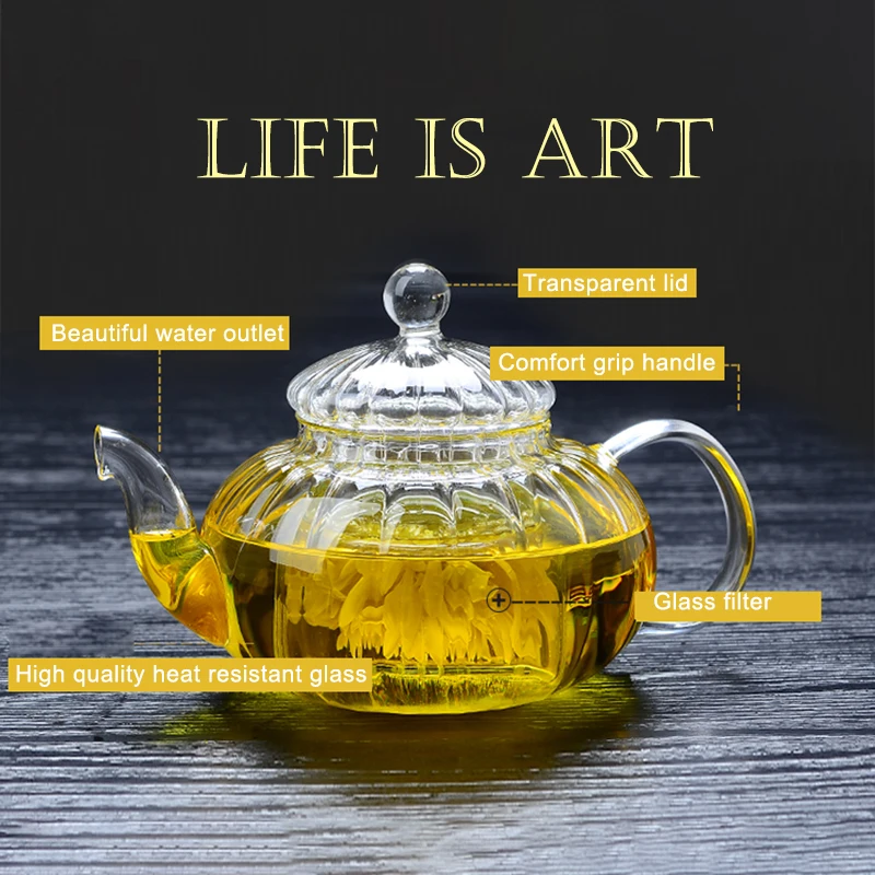 Hitzebeständiger Glastopf, 600 ml, gestreifte Blumen-Teekanne in Kürbisform, Glas-Teekanne mit Teeblatt, Kräuterblumen-Teetasse Image