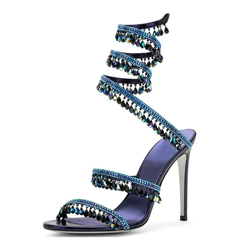 Marke frauen Serpentin Wickel Band Kristall Sandalen High Heel Ankle Snake-förmigen Spitze-ups Sexy Strass Frau der Schuhe 34-43