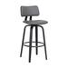 Pino 26 Inch Swivel Counter Stool Chair, Gray Faux Leather, Black Wood