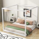 King Size Wooden Canopy Bed w/ Support Legs Upholstered Platform Bed Frame No Box Spring Needed, Easy Assembly Floor Bed