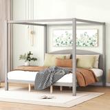 King Size Pine Canopy Platform Bed w/ Classic Wood Headboard Upholstered Bed Frame, No Box Spring Needed, Easy Assembly