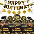 WovWeave 186 Pcs Construction Birthday Party Supplies Includes Dump Truck Banner Tablecloth Cups Tableware Napkins Hanging Swirls Construction Spoon Sign for 24 Guests Kids Theme Birthday Party