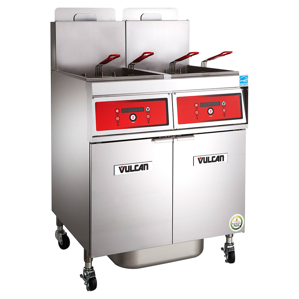 Vulcan 4VK45CF NG Commercial Gas Fryer - (4) 50 lb Vats, Floor Model, Natural Gas, 200 lb. Capacity, Computer Controls & KleenScreen Filtration, Stainless Steel, Gas Type: NG