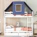Twin-Twin Castle Style Bunk Bed Frame with Tent & 2 Drawers, White/Blue