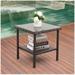 Patio PE Wicker Side Table Outdoor Resin Rattan Glass Top Square End Table with Two Shelves Brown