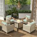 HOOOWOOO 5 Pieces Outdoor Patio Furniture Sets with 30 Fire Pit Table Wicker Conversation Set for Porch Deck Beige Rattan Sofa Chair Green Cushion