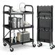 Folding Utility Cart 3-Tier Rolling Tool Cart w/Lockable Wheels 300LBS Capacity Collapsible Metal Service Cart Work Cart for Office Home Garage Kitchen Black