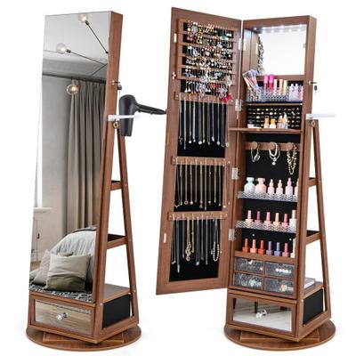 Costway Lockable 360° Swivel Jewelry Cabinet with Full-Length Mirror LED Lights-Walnut