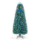 Costway 5/6/7 FT Pre-Lit Fiber Optic Christmas Tree with 148/185/226 Multi-Color LED Lights and Top Star Light-7 ft