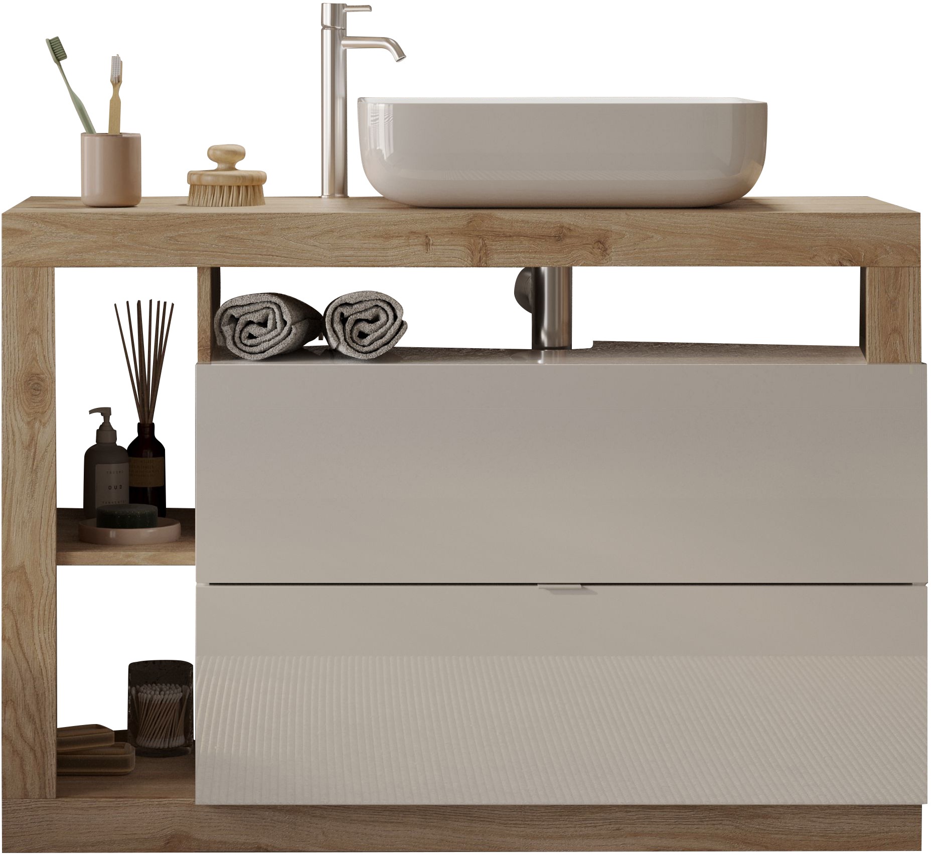 Waschtisch WELLTIME "Hamburg", braun (weiß, eiche cadiz nb, weiß), B:110cm H:93cm T:49cm, Waschtische, 2 Schubkästen, Breite 110 cm, Soft-Close, inkl. Keramik-Aufsatzbecken Image