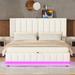 Hydraulic Storage Bed Frame Colorful Lights Strip Edge, White Queen