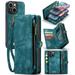 iPhone 15 Plus Leather Detachable Wallet Zipper Case with 8 Card Slots Holder Magnetic case for iPhone 15 Plus Flip Wallet Handle Wrist Strap Shockproof Pocket Handbag for Man Woman Green