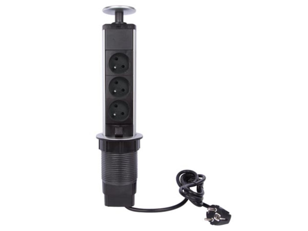 Perel Steckdosenturm, versenkbar, 3 Steckdosen Typ E, Montageloch 71 mm, Innenbereich, Schwarz/Grau Image