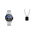 Fossil Herrenuhr Blue Dive und Halskette Schmuck, silberfarbener Edelstahl, Set