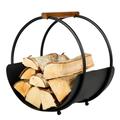 Curved Log Basket Wood Cradle - Contemporary Style Wooden Handle Matte Black Recycled Iron Log Store Wood Basket with Sturdy Base - Modern Indoor Hearth Fireplace Log Burner Kindling Basket