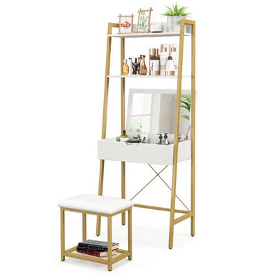 Costway Ladder Vanity Desk Set with Flip Top Mirror and Cushioned Stool-Golden