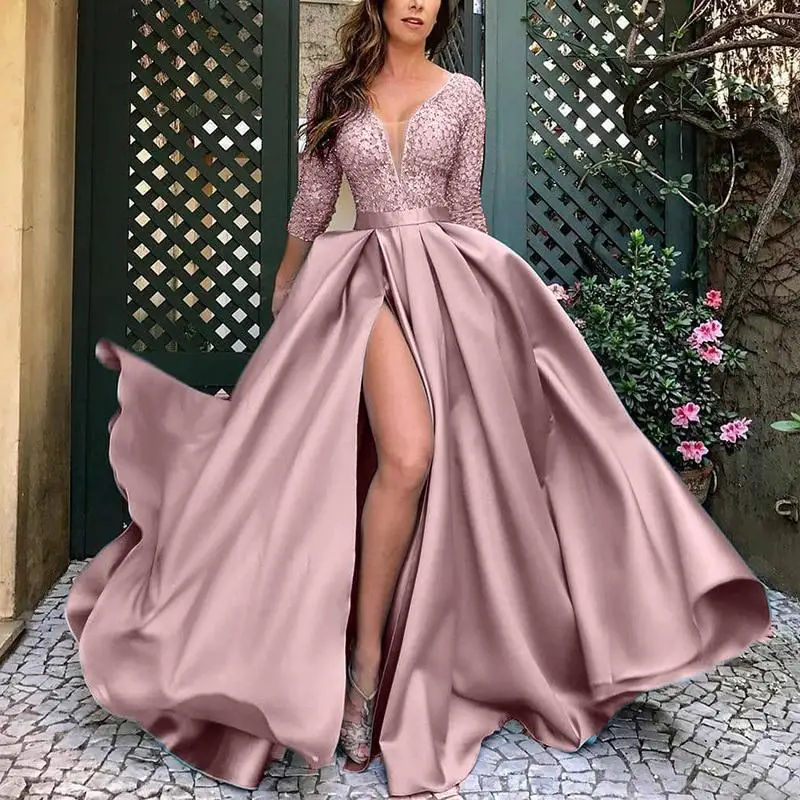 Abend Party Kleider Frauen Elegante Kleid Prom Lange Maxi Kleider V-ausschnitt Halbe Hülse Hohe Split Pailletten Nacht Club Kleid